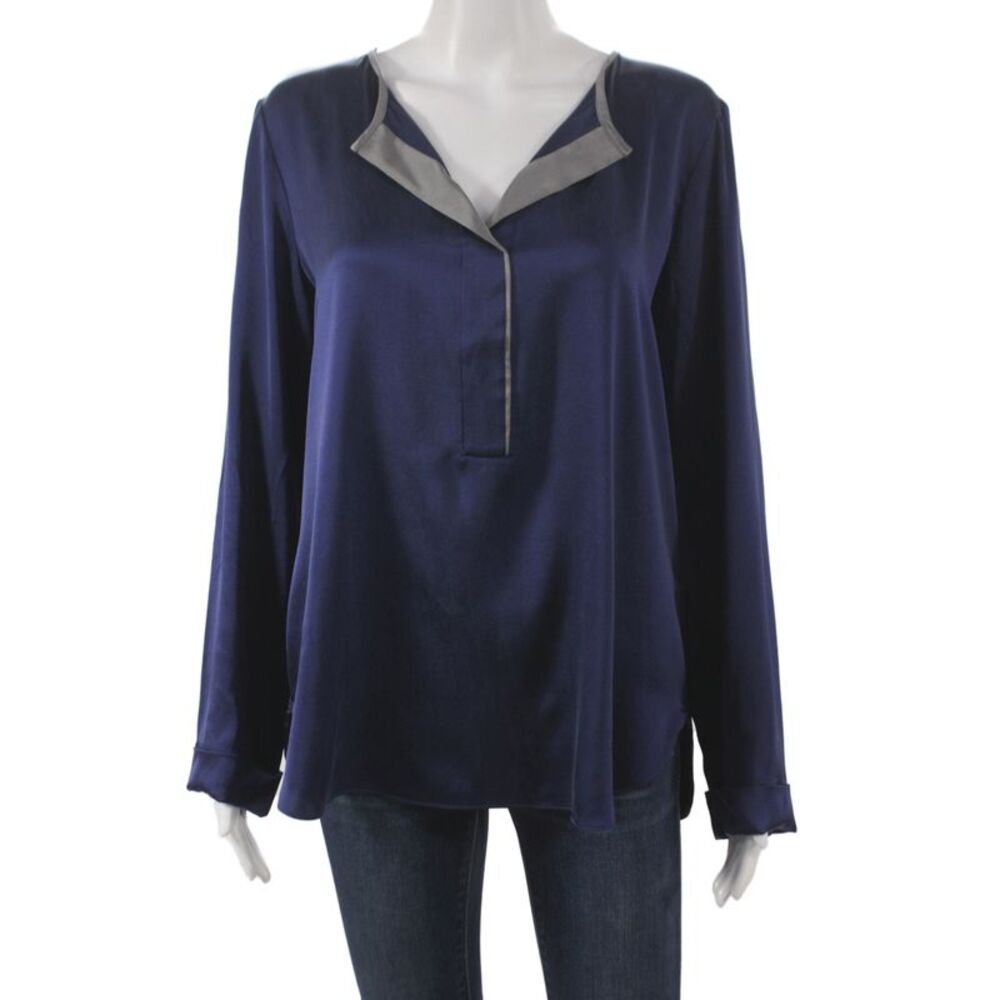 Van Laack Womens Silk V-Neck Long Sleeve Blouse Solid Blue Size 40
